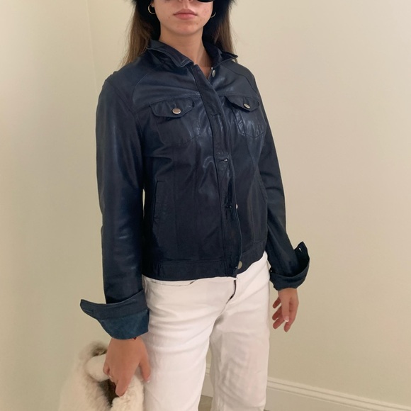 Navy Blue Leather Jacket - Picture 8 of 12